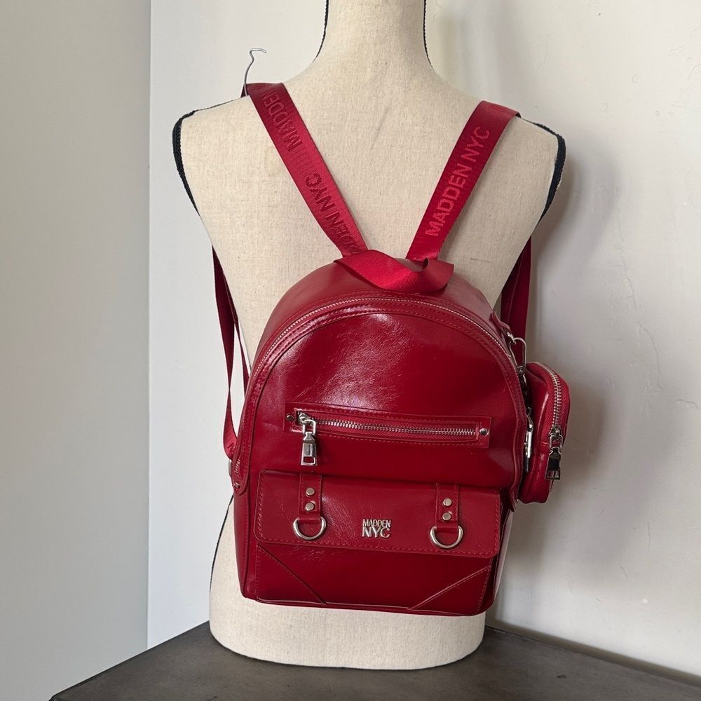 Madden NYC Red Patent Faux Leather Backpack Travel Everyday Wear Bag Casual EUC